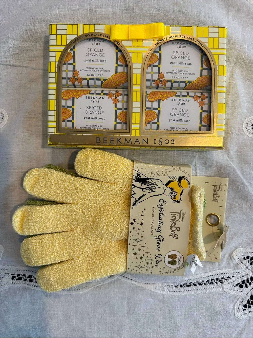 Tinker Bell Exfoliating Glove Duo and  4 pack Beekman 1802 goat milk soap p